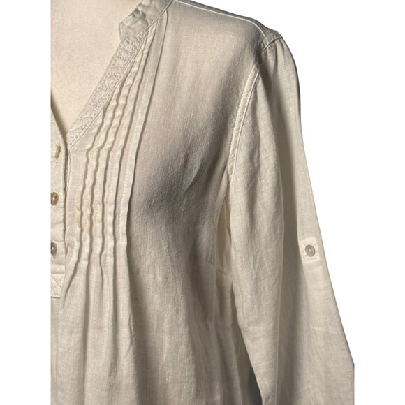 MALVIN I Love 100% Linen Top Blouse Womens S White V-Neck Button Front Pintuck - Picture 11 of 11